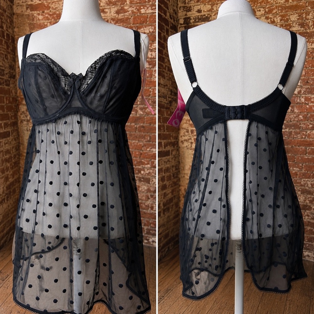 NWT Black Polka Dot Mesh Babydoll Lingerie Top 32F Coquette Retro Pinup Romantic